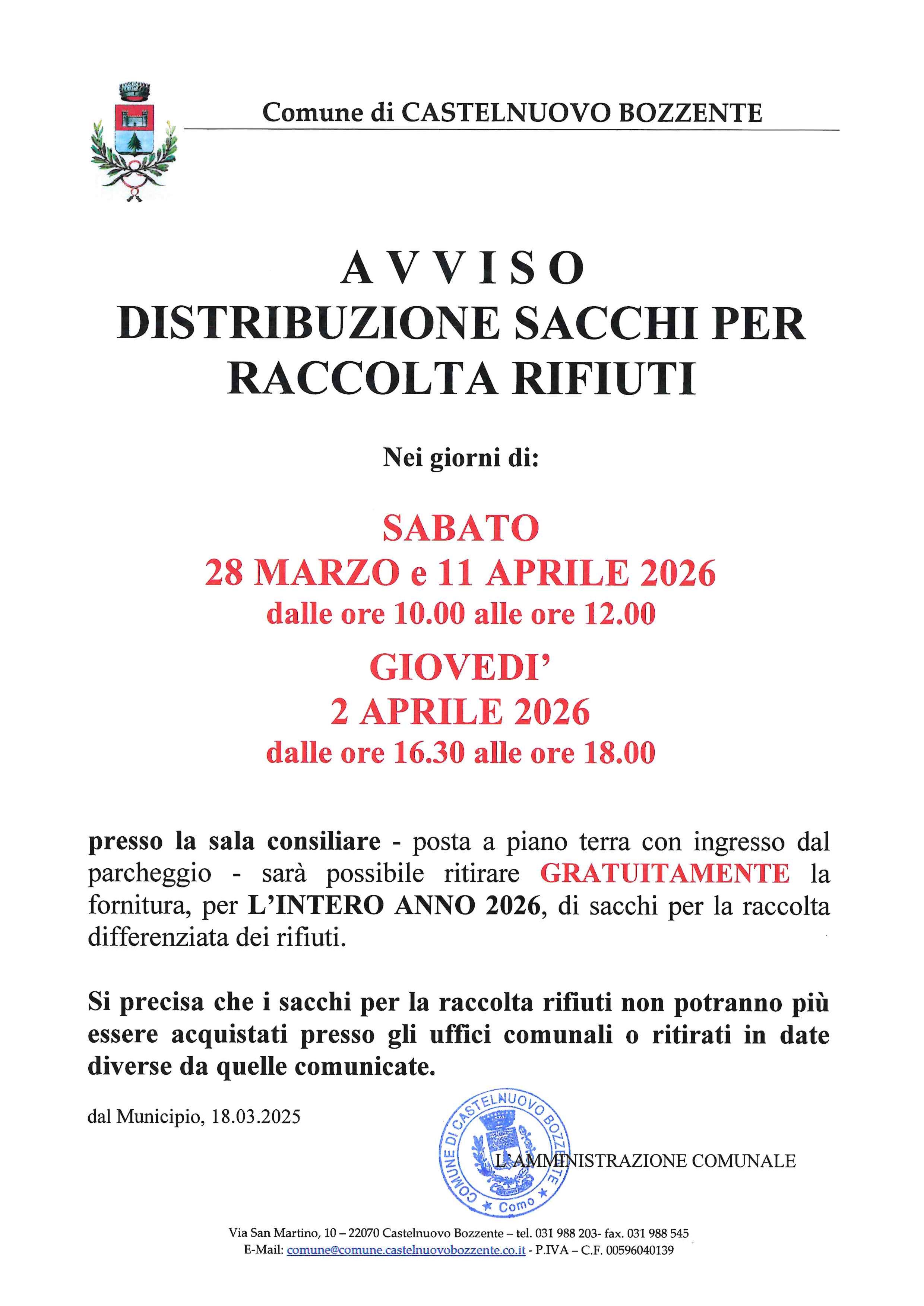 Distribuzione sacchi - Anno 2026